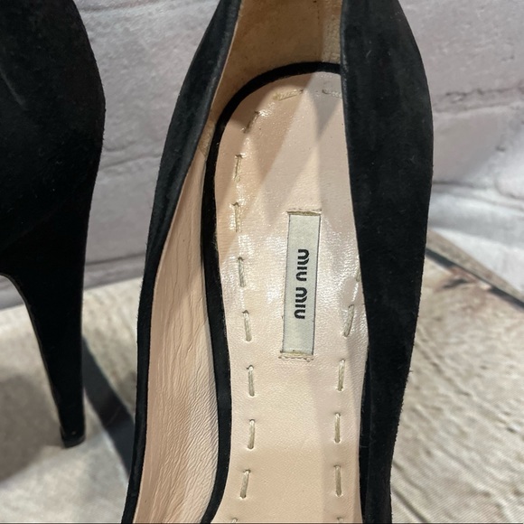 Miu Miu Peep Toe Platform Pumps Women Black Suede Heel Shoes  37.5/US 7 - Picture 12 of 16